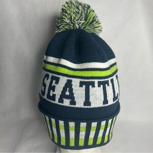Seattle City Series Pom Pom Knit Beanie Navy Lime Green Cuff Hat Winter Cap